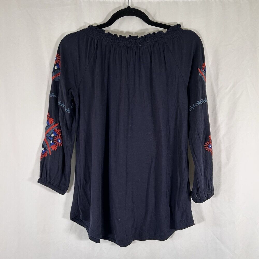 LOFT Blouse Women's Small Blue Long Sleeve Embroidered Sleeve Stretchy Neckline - Picture 7 of 9